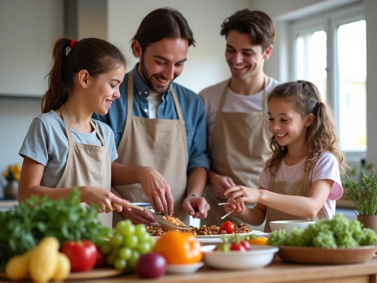 Famiglia felice che prepara un pasto sano insieme in una cucina luminosa